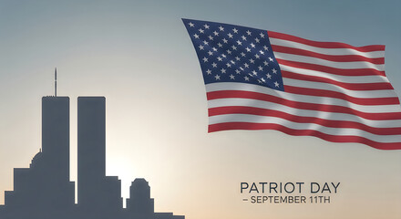 Naklejka premium American flag waving over the twin towers silhouette for Patriot Day