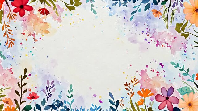 Digital watercolor colored flowers trees around border abstract background