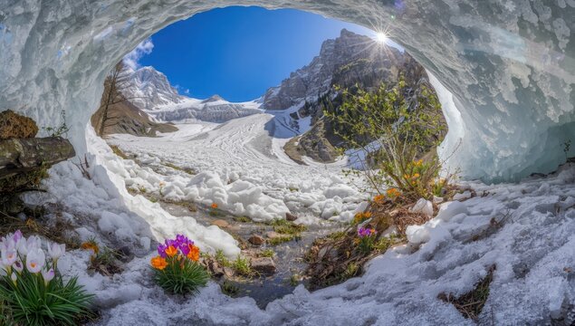 View of avalanche debris near blooming spring flowers, crocuses, and globe flowers, with snow melting in the Vorarlberg Alps creating a tunnel, and snowfields on steep slopes.