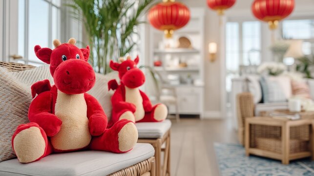 Red plush dragon toy sitting on cushioned chair in bright cozy room