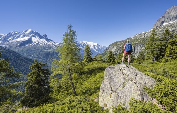 Hiker Looking at mountain panorama from Aiguillette des Posettes, peaks Aiguille Verte, Aiguille du Midi and Mont Blanc, Chamonix, Haute-Savoie, France