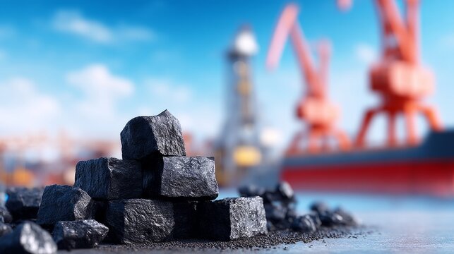 Stack of shiny black coal pieces with industrial port cranes in background