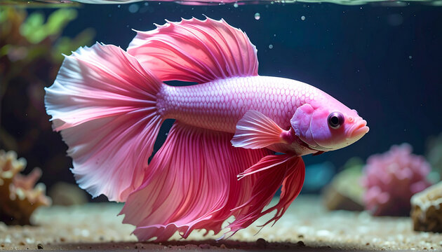 Vibrant pink betta fish swimming in aquarium detailed underwater view