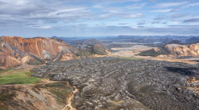 Aerial view, Landscape panorama, Dramatic volcanic landscape, Colourful erosion landscape with mountains, Lava field, Landmannalaugar, Fjallabak Nature Reserve, Su&eth;urland, Iceland