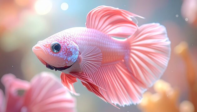 Vibrant pink betta fish swimming in clear water with sunlight