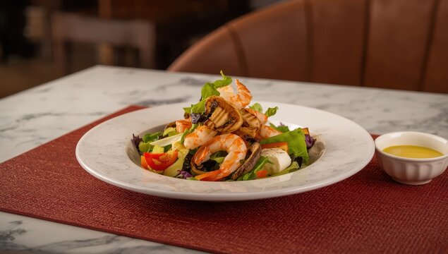 Shrimp-topped vegetable salad with grilled oringi mushrooms on a white plate, accompanied by thousand island dressing in a dipping bowl on a red placemat.