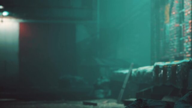 A person walks through a dark alley surrounded by fog and old brick walls. The scene shows a quiet area with dim light and hints of an unseen world beyond.