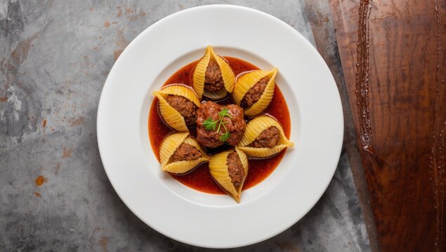 Shell pasta with meatballs and sauce, garnished with cilantro, perfect for contemporary food marketing and wholesale branding, vertical perspective, not AI created.