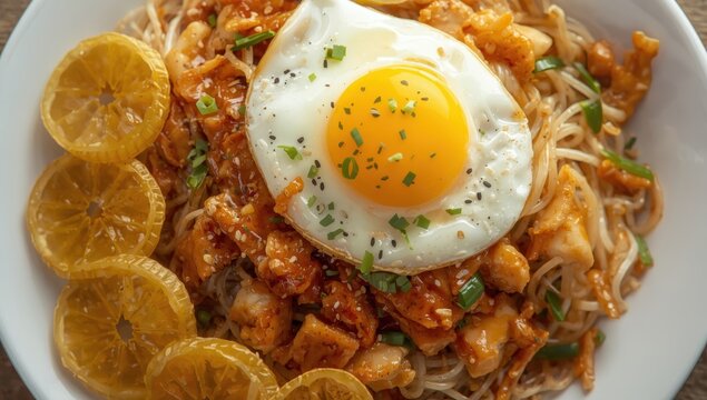 Chicken stir-fried flat noodles with pickled squid and egg. (Kuay Teow Kua Gai). Overhead view.