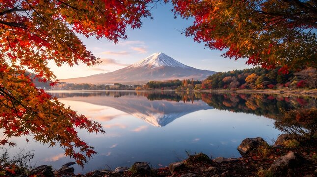 Volcanic mountain reflected in lake. Scenic autumn landscape with vibrant red maple leaves.