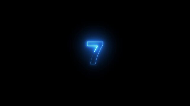 neon text 7 number countdown icon background 4k animation .Neon number 7 with alpha channel, neon numbers, Bright neon glowing number 7, motion graphic of 7 neon text concept.