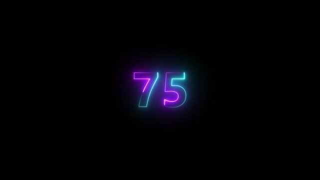 Glowing neon numeric text 75 number countdown icon background 4k animation. Purple and cyan neon font alpha number. motion graphic of neon text 75 concept.
