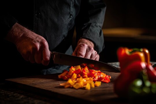 Chef expertly dicing fresh bell pepper with a sharp knife on a wooden cutting board for culinary preparation