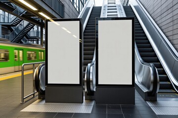 Naklejka premium Two blank vertical digital screens stand in modern subway station next to moving escalator. Empty mockups offer space for commercial branding outdoor advertising campaign near train platform. Bright