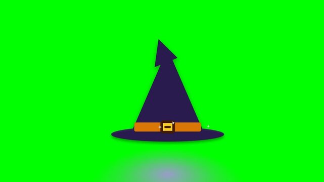 Animated purple witch hat floating on a bright green screen background.