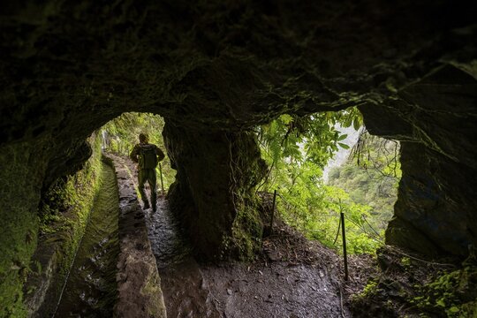 Hikers on a trail along a levada through a tunnel, Levada do Caldeir&atilde;o Verde, Parque Florestal das Queimadas, Madeira, Portugal