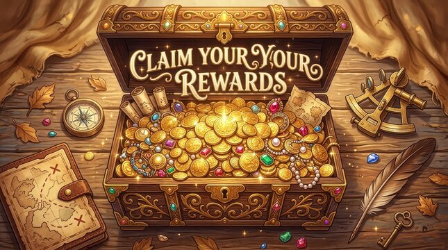 Open treasure chest filled with gold coins and jewels, inviting to claim rewards, surrounded by pirate map and navigational tools