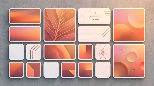Collection of abstract digital interface templates with minimalist design and warm colors suitable for UI UX dashboard layouts and modern technology visuals