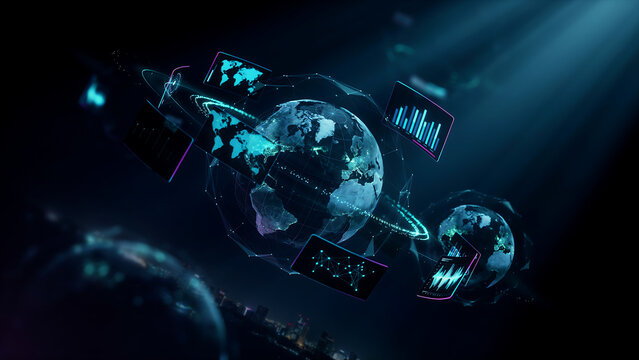 Interactive globe representation displaying geographic data maps and financial performance charts in futuristic environment.