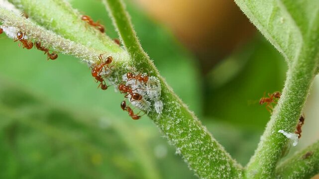 Close-up macro video of fire ants farming mealybugs, symbiotic relationship on a plant branch.