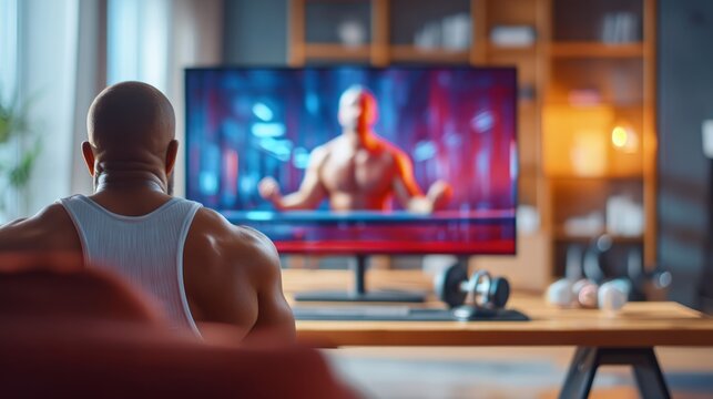 Muscular man watching online bodybuilding training session on large TV screen