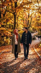 Fototapeta premium A happy couple walking hand in hand on a path in a beautiful autumn park
