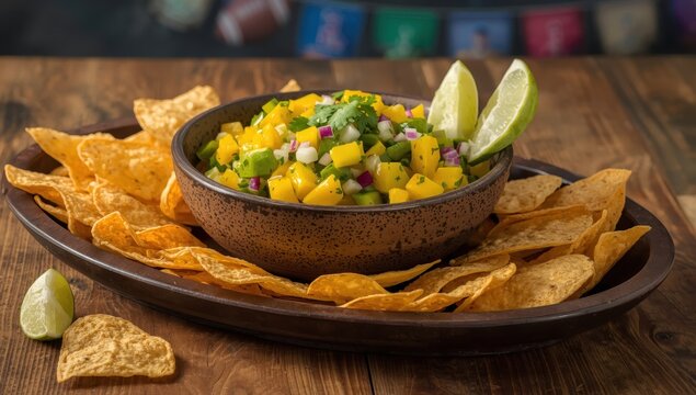 Mango avocado salsa paired with nutritious kosher, salt-free, gluten-free tortilla chips for the game day Sunday.