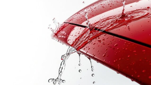 Red car hood with water splash and rain drops, hydrophobic ceramic coating on vehicle paint, automotive detailing and car wash service concept, shiny metallic surface on white background