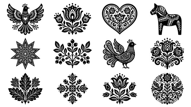 Traditional folk style black silhouettes featuring stylized birds, horses, hearts, flowers, and symmetrical botanical patterns inspired by Dala horse and ethnic embroidery.