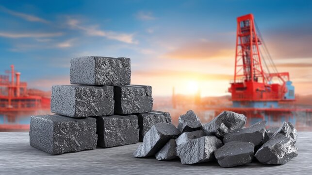 Industrial graphite block and chunk on table with factory and crane background