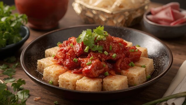 A tasty mixture of rice flour or cooked Chinese pasta with pork offal and blood, a Chinese dish.
