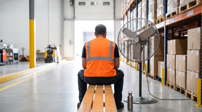 Warehouse worker resting on a bench next to a large industrial electric fan during a hot workday shift