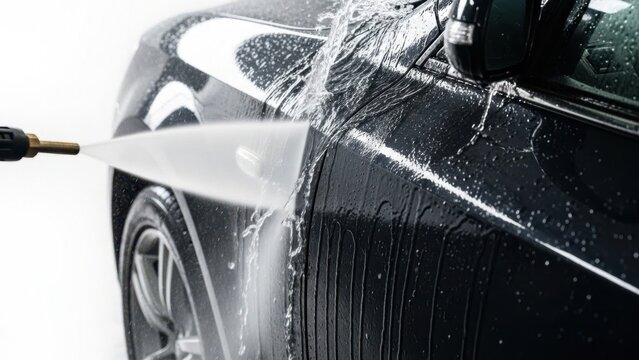 High pressure car wash with water spray on black vehicle, professional auto detailing and exterior cleaning service, manual pressure washer rinsing dirt off luxury automobile bodywork