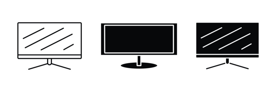 Computer Monitor Vector Icon Set, Desktop Display Screen Outline and Silhouette Collection for PC, Television, Digital Workspace, Technology and UI Design Isolated on White Background