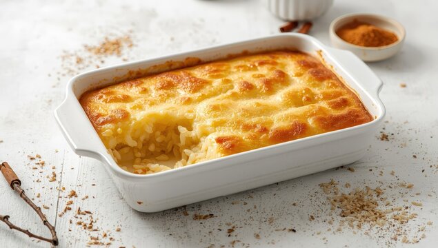 Rice pudding casserole on a light backdrop. A tasty dessert of rice and milk. Classic Middle Eastern dish known as guvec sutlac.