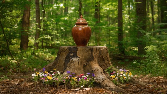 A tree stump in the woods holds an urn, surrounded by scattered flowers.