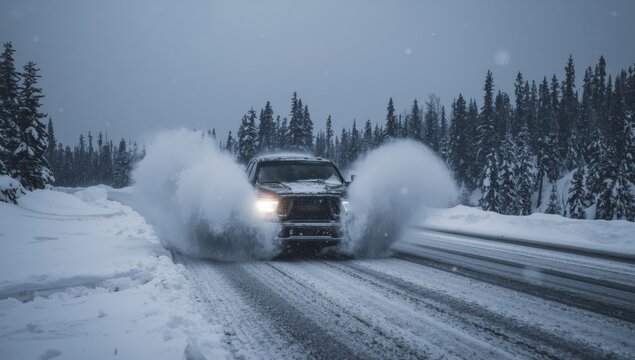A vehicle travels along a snowy road amid heavy snowfall and poor visibility.