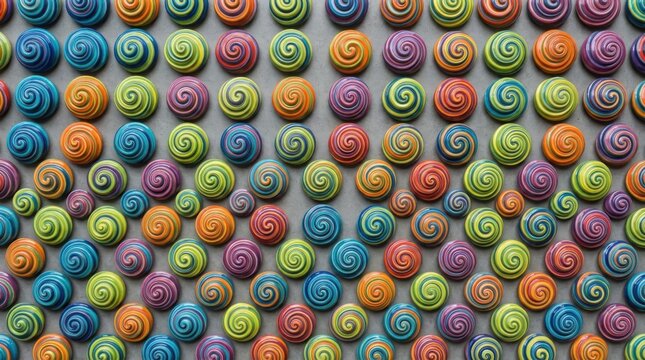 Colorful spiral objects pattern. Abstract background with repeating circular shapes.