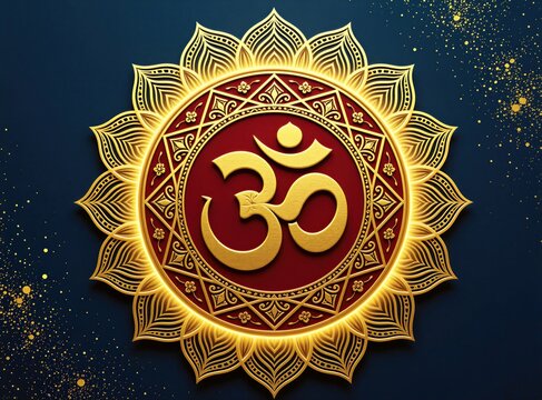 Golden Om symbol inside ornate mandala pattern. Spiritual hindu design featuring red circular base with lotus petals. Metallic gold light elements on dark blue background. Religious buddhist art