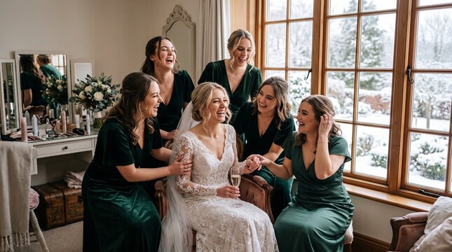 A joyful bride and her bridesmaids laughing together in a sunlit room