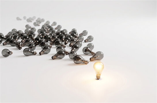 ingle Glowing Light Bulb Leading a Large Group of Unlit Bulbs on White Background. Conceptual metaphor for leadership, innovation, and being a trailblazer with copy space.