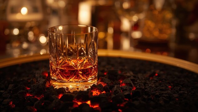Brandy in a glass on hot coals. Idea of strong spirits. Empty space.
