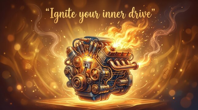 Powerful V8 engine on fire, igniting inner drive, symbolizing energy, motivation, and passion with glowing lights and smoke effects