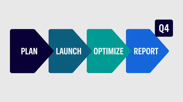 Q4 Business Process Cycle Diagram Plan Launch Optimize Report 16-9 Vector