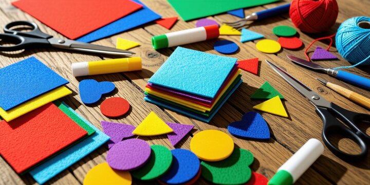 Colorful felt sheets, paper scraps sit on wooden table. Scissors glue sticks plus yarn balls surround craft materials. Tools for creative hobby projects lie spread across surface ready for art work.