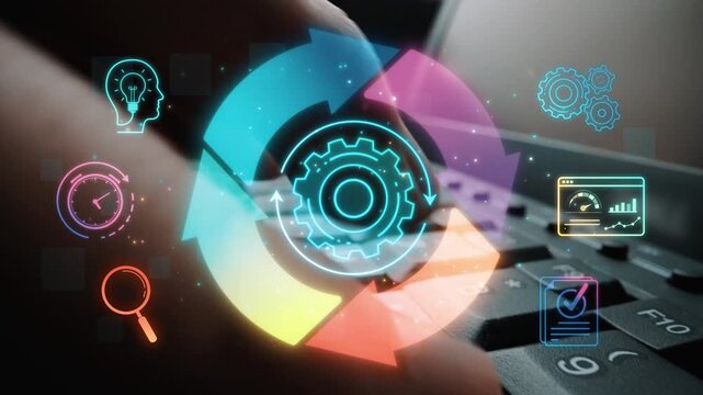 Digital Innovation and Automation Concept Represented with Gears and Icons on Keyboard for Technology and Business Development Themes Sigmoid