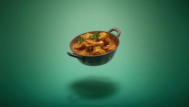 Chicken curry in a small pan on a green gradient backdrop.