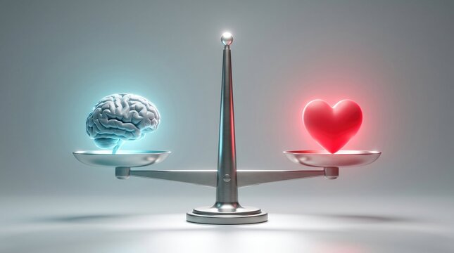 Conceptual balance scale comparing logic with emotion represented by glowing human brain with featuring glowing blue radiant red heart one side radiant