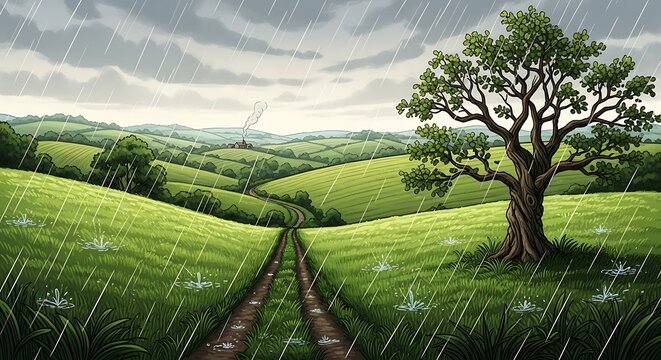 Serene landscape with solitary tree in rolling green hills.
