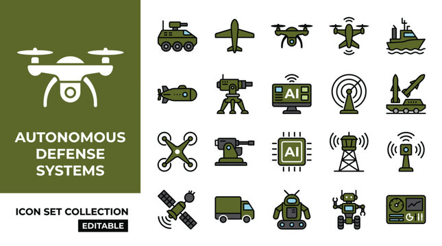Military autonomous defense systems icon set featuring drones and ai